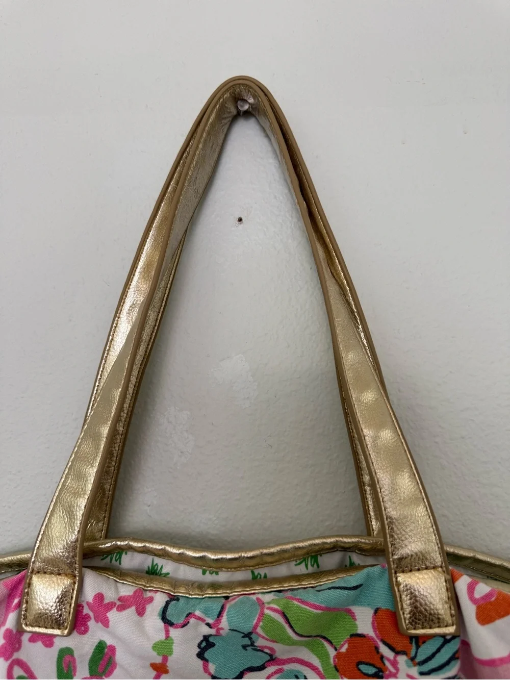 Lilly Pulitzer large Multicolor Floral & Green Chevron Tote Bag Gold Handles